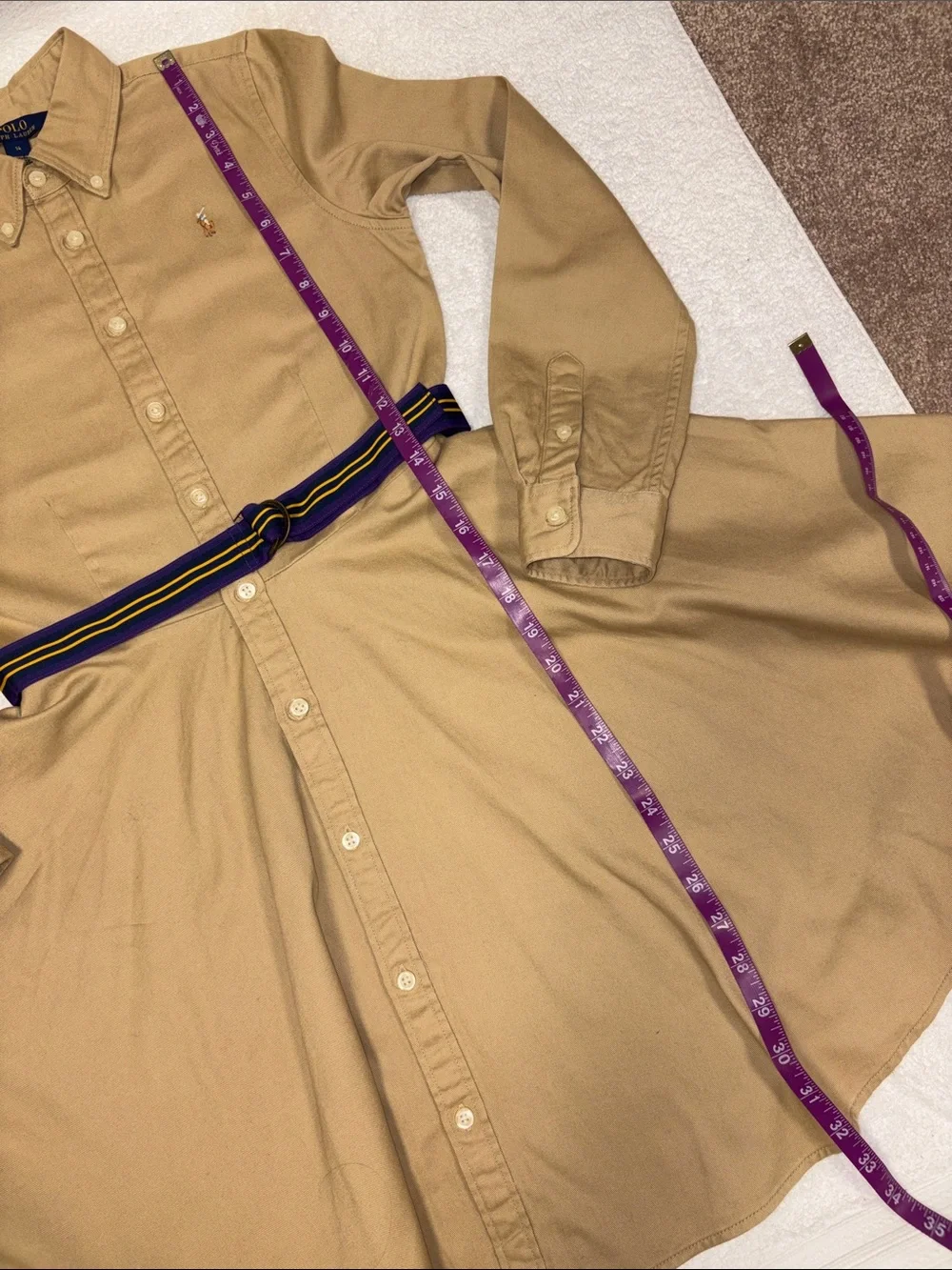 Ralph Lauren Khaki Button-Down Shirt Dress purple Yellow Stripe Belt girls 14